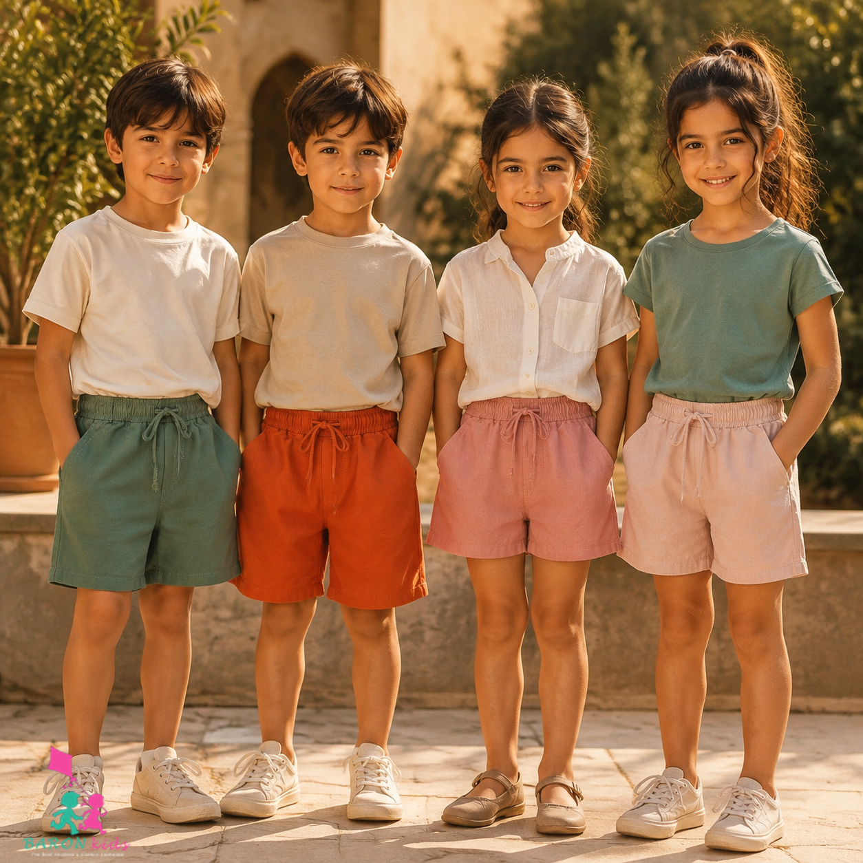 شلوارک کتان کج راه گرم بالا دخترانه و پسرانه (3 تا 6 سال)